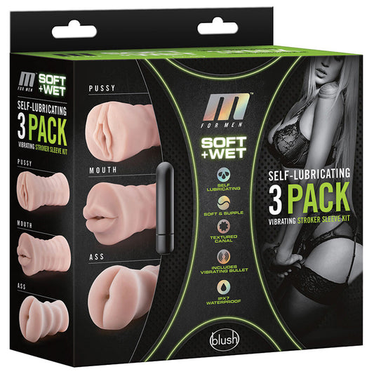 M for Men Soft and Wet Self-Lubricating Vibrating 3-Pack