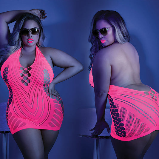 Fantasy Lingerie Glow Shock Value Halter Dress-Neon Pink Queen