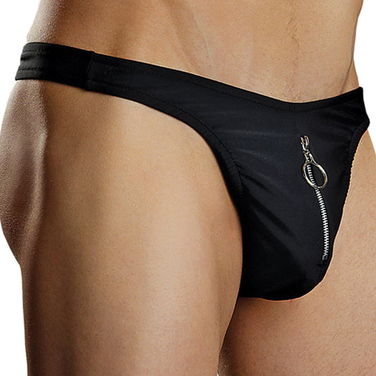 Male Power Nylon Spandex Zipper Thong-Black L/XL